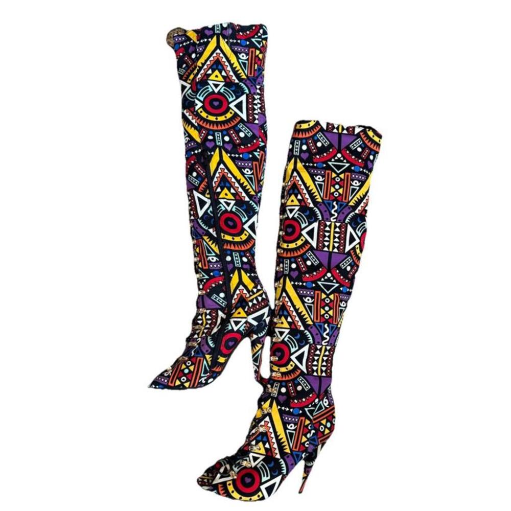 Red Kiss Women’s Thigh High Sz 7 Stiletto Boots Peep Toe Abstract Art To Wear - Picture 1 of 9